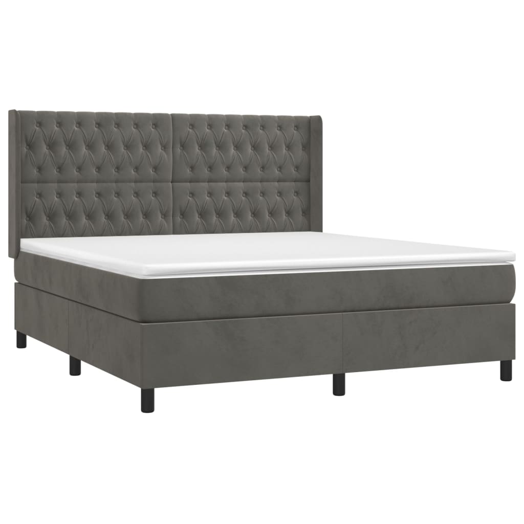 vidaXL Κρεβάτι Boxspring με Στρώμα & LED Σκ. Γκρι 160x200εκ. Βελούδινο