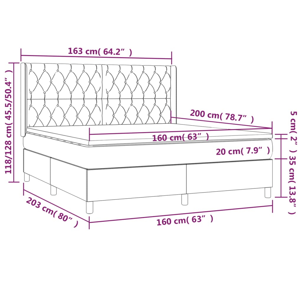 vidaXL Κρεβάτι Boxspring με Στρώμα & LED Σκ. Γκρι 160x200εκ. Βελούδινο