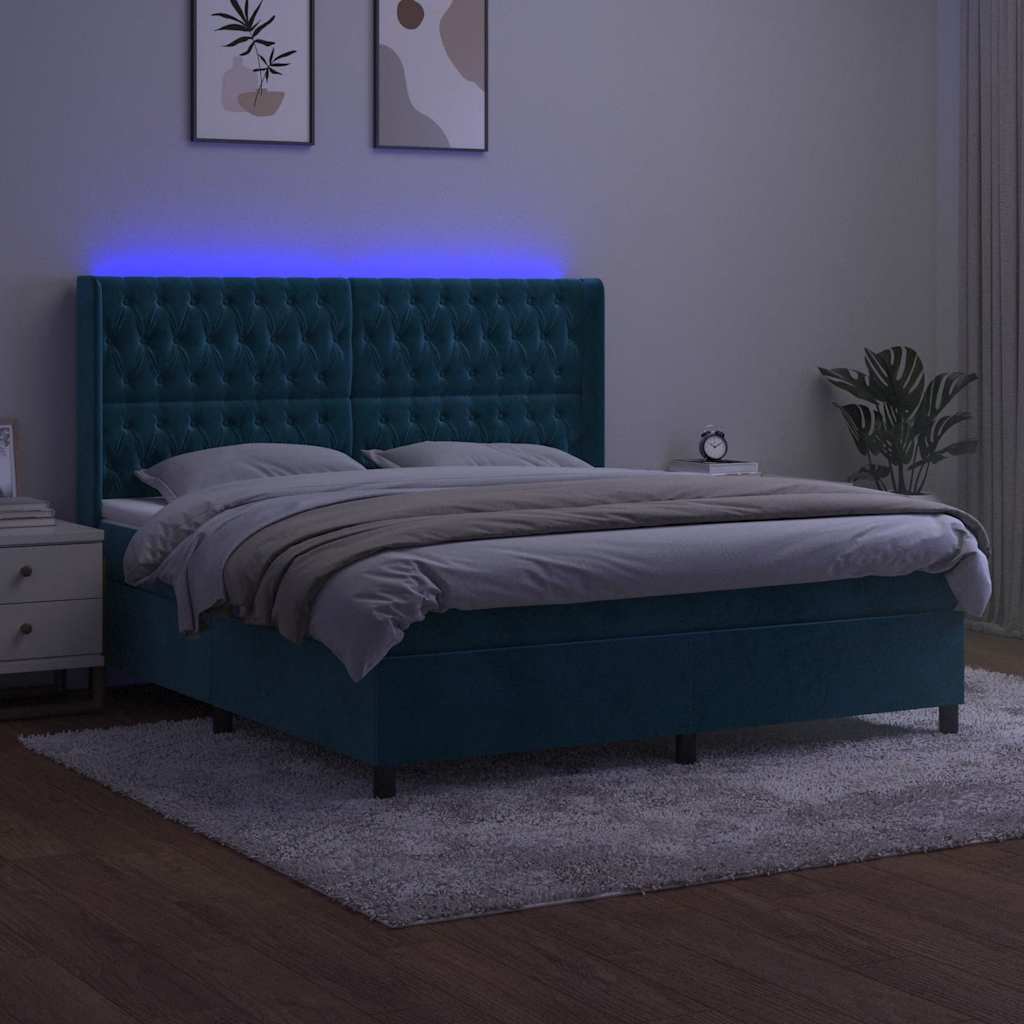 vidaXL Κρεβάτι Boxspring με Στρώμα & LED Σκ. Μπλε 160x200εκ. Βελούδινο