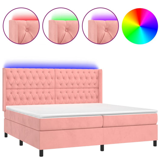 vidaXL Κρεβάτι Boxspring με Στρώμα & LED Ροζ 160x200 εκ. Βελούδινο
