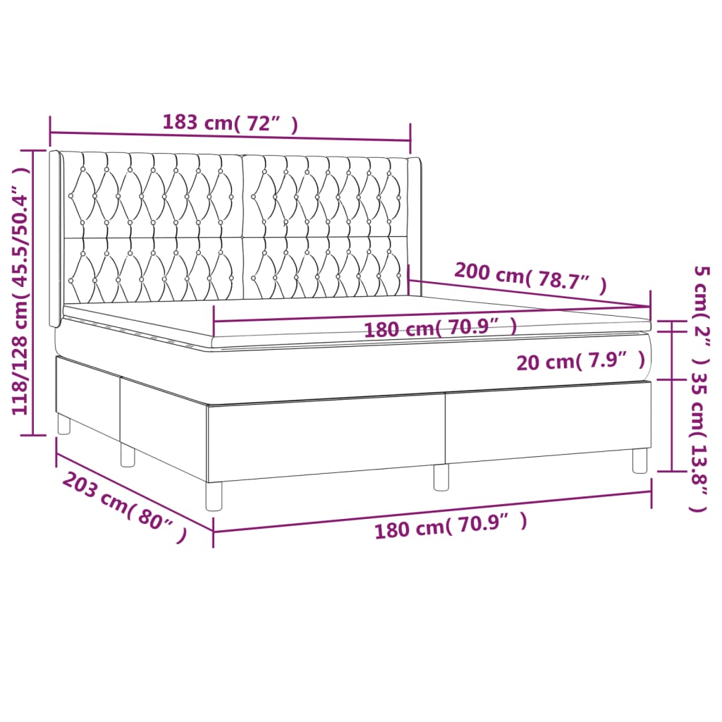 vidaXL Κρεβάτι Boxspring με Στρώμα & LED Σκ. Γκρι 180x200εκ. Βελούδινο