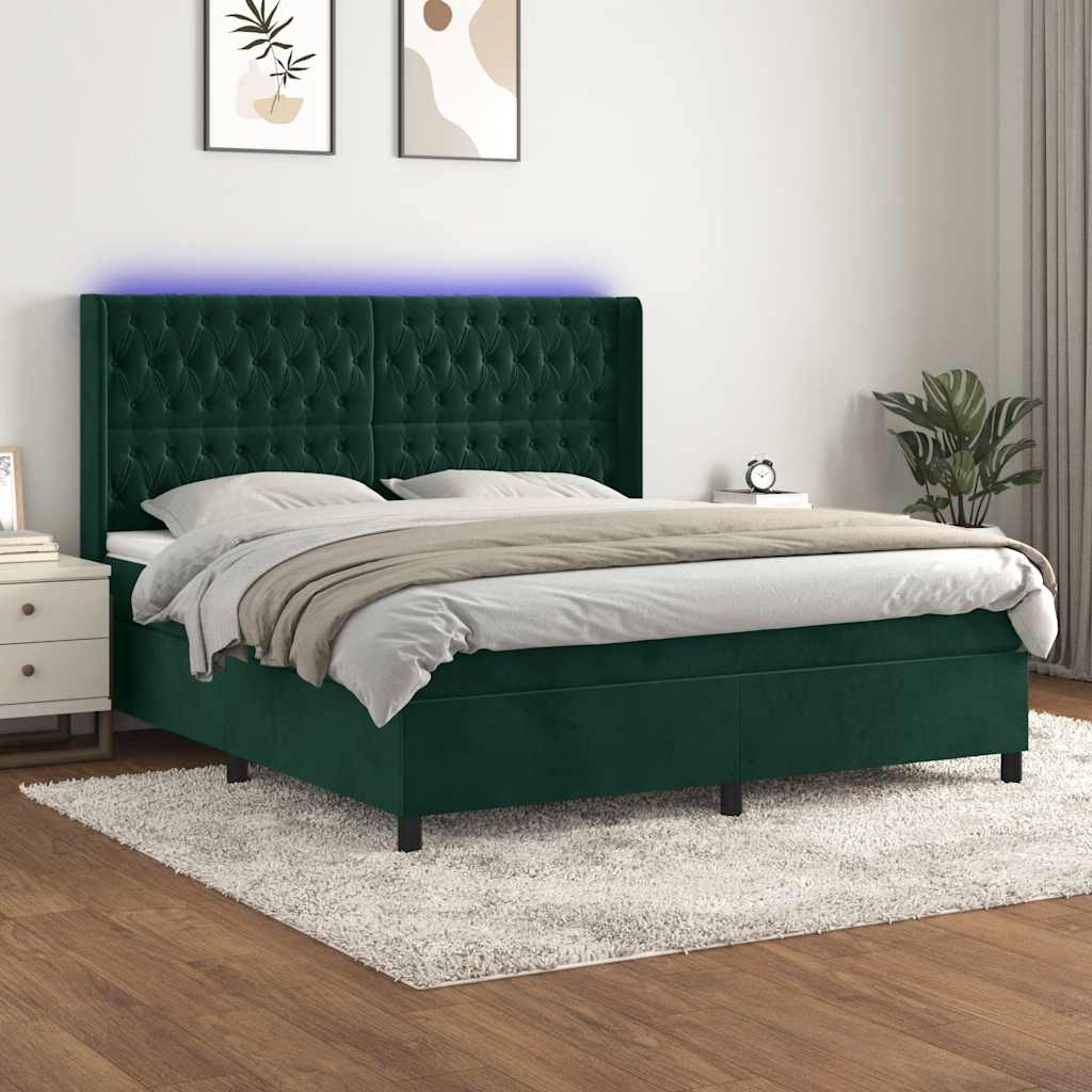 vidaXL Κρεβάτι Boxspring με Στρώμα & LED Σκ. Πράσινο 180x200εκ Βελούδο