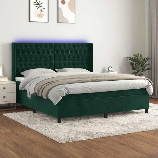 vidaXL Κρεβάτι Boxspring με Στρώμα & LED Σκ. Πράσινο 180x200εκ Βελούδο