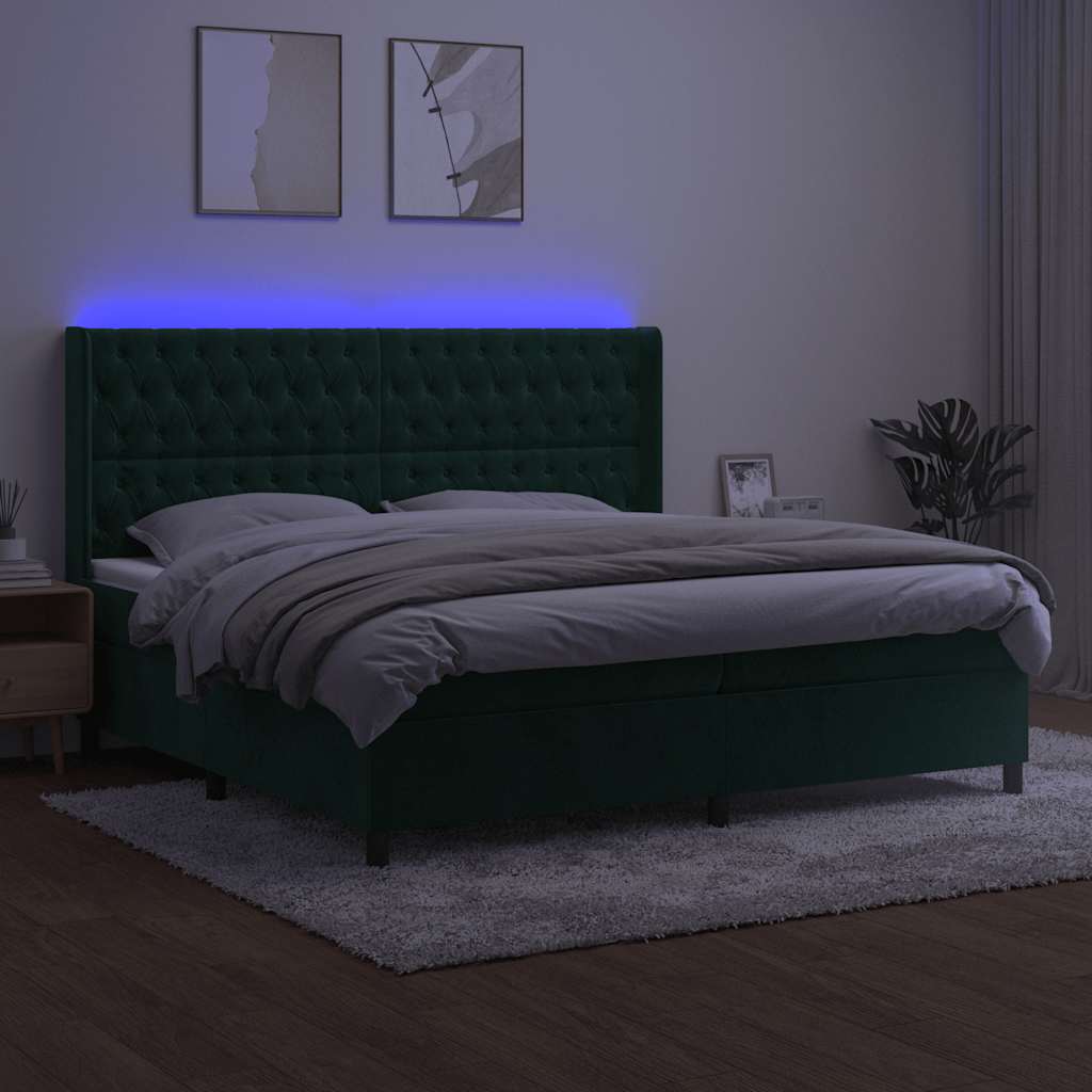 vidaXL Κρεβάτι Boxspring με Στρώμα & LED Σκ. Πράσινο 200x200εκ Βελούδο