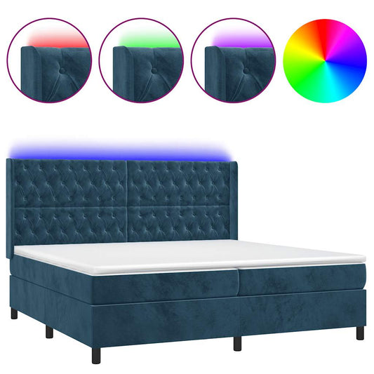 vidaXL Κρεβάτι Boxspring με Στρώμα & LED Σκ. Μπλε 200x200εκ. Βελούδινο