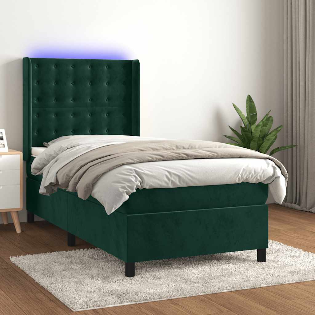 vidaXL Κρεβάτι Boxspring με Στρώμα & LED Σκ. Πράσινο 80x200 εκ Βελούδο