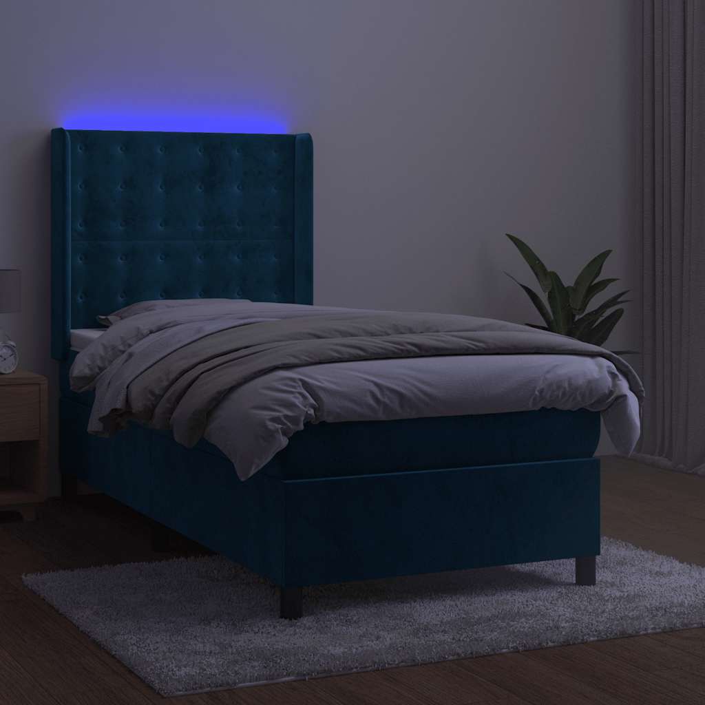 vidaXL Κρεβάτι Boxspring με Στρώμα & LED Σκ. Μπλε 80x200 εκ. Βελούδινο