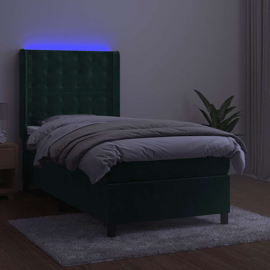 vidaXL Κρεβάτι Boxspring με Στρώμα & LED Σκ. Πράσινο 90x190 εκ Βελούδο