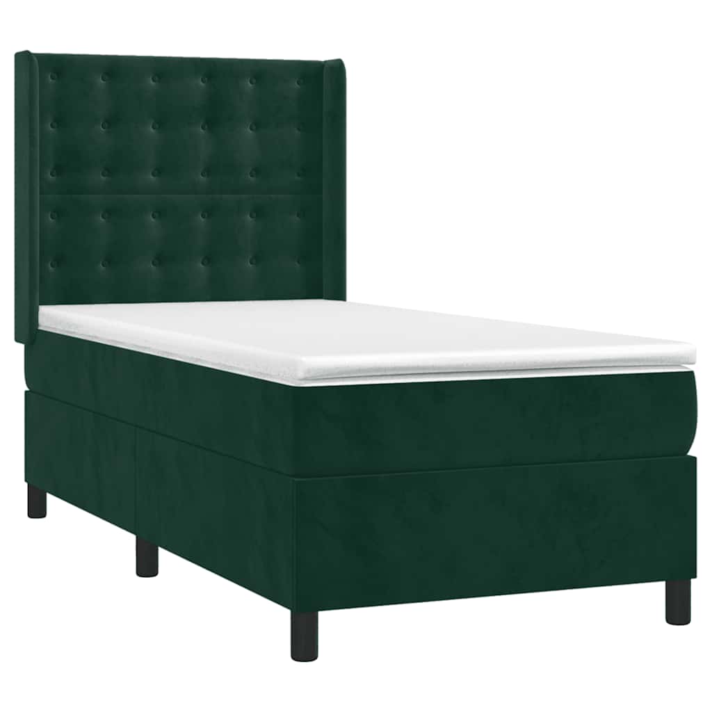 vidaXL Κρεβάτι Boxspring με Στρώμα & LED Σκ. Πράσινο 90x200 εκ Βελούδο