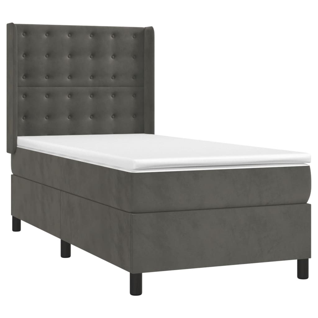 vidaXL Κρεβάτι Boxspring με Στρώμα & LED Σκ. Γκρι 100x200εκ. Βελούδινο