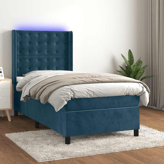 vidaXL Κρεβάτι Boxspring με Στρώμα & LED Σκ. Μπλε 100x200εκ. Βελούδινο