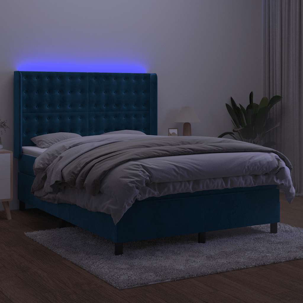 vidaXL Κρεβάτι Boxspring με Στρώμα & LED Σκ. Μπλε 140x190εκ. Βελούδινο