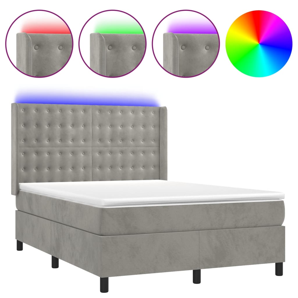 vidaXL Κρεβάτι Boxspring με Στρώμα & LED Αν.Γκρι 140x200 εκ. Βελούδινο