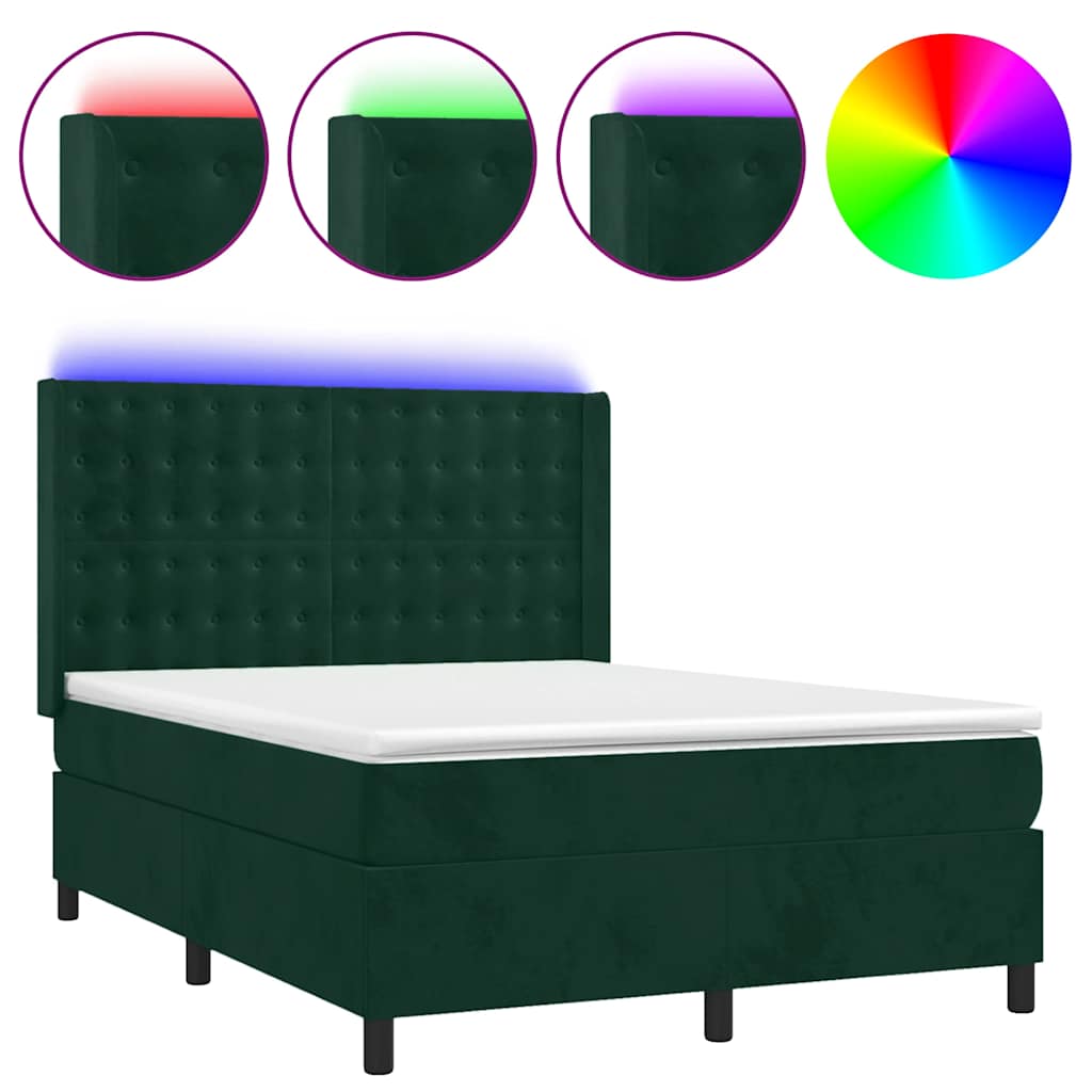 vidaXL Κρεβάτι Boxspring με Στρώμα & LED Σκ. Πράσινο 140x200εκ Βελούδο