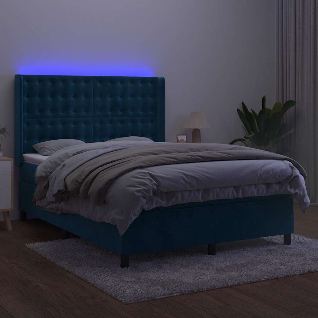 vidaXL Κρεβάτι Boxspring με Στρώμα & LED Σκ. Μπλε 140x200εκ. Βελούδινο