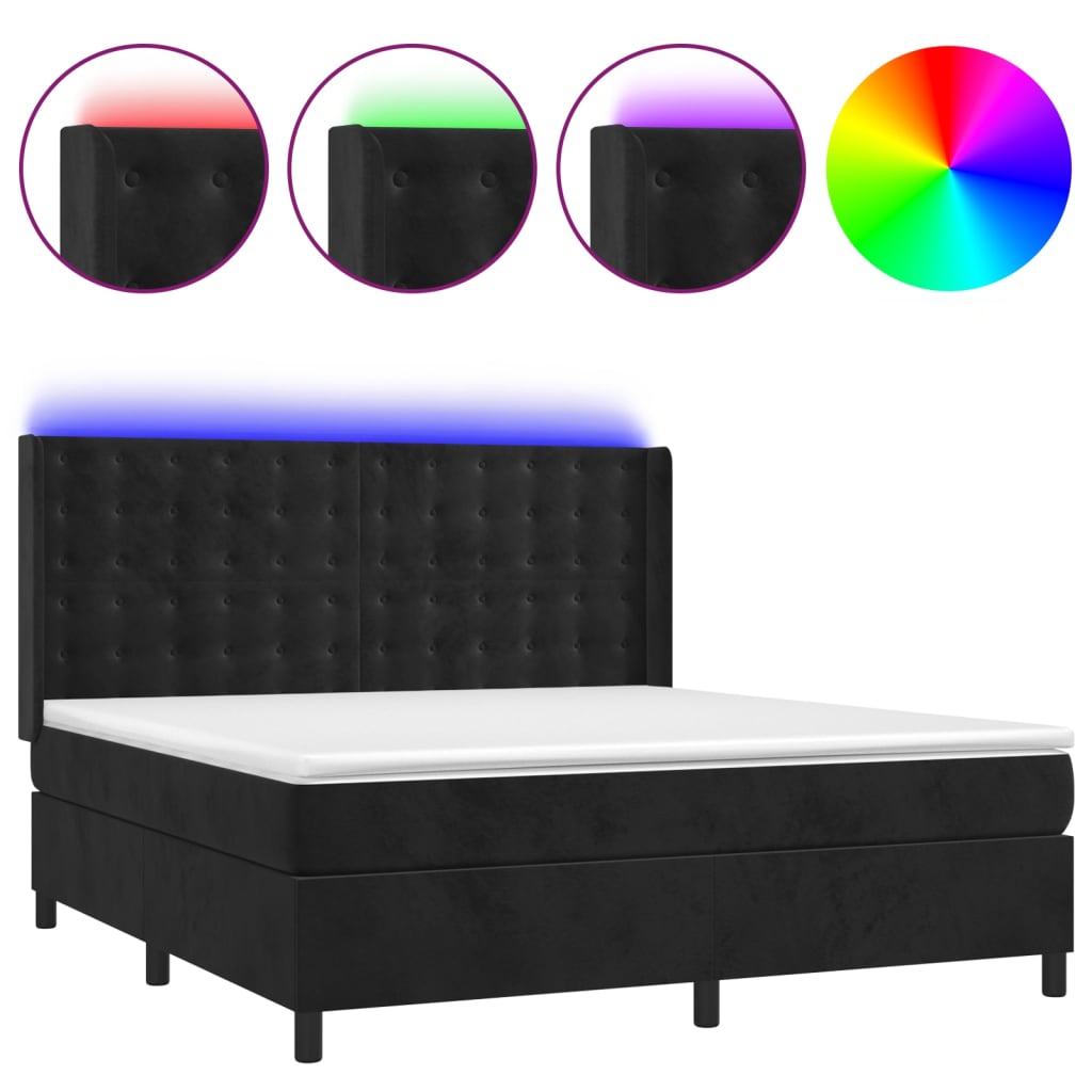 vidaXL Κρεβάτι Boxspring με Στρώμα & LED Μαύρο 180x200 εκ. Βελούδινο