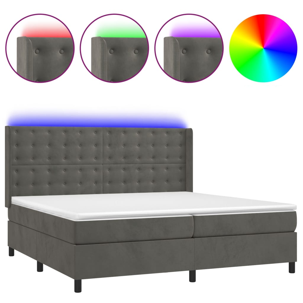 vidaXL Κρεβάτι Boxspring με Στρώμα & LED Σκ. Γκρι 200x200εκ. Βελούδινο