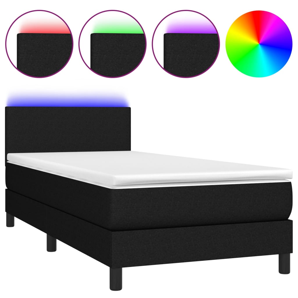 vidaXL Κρεβάτι Boxspring με Στρώμα & LED Μαύρο 90x190 εκ. Υφασμάτινο
