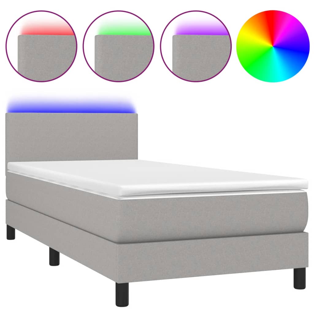 vidaXL Κρεβάτι Boxspring με Στρώμα & LED Αν.Γκρι 90x200 εκ. Υφασμάτινο