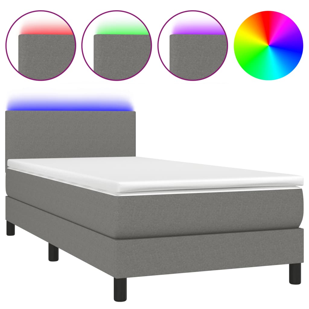 vidaXL Κρεβάτι Boxspring με Στρώμα & LED Σκ.Γκρι 90x200 εκ. Υφασμάτινο