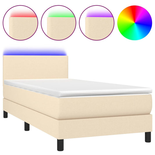 vidaXL Κρεβάτι Boxspring με Στρώμα & LED Κρεμ 90x200 εκ. Υφασμάτινο