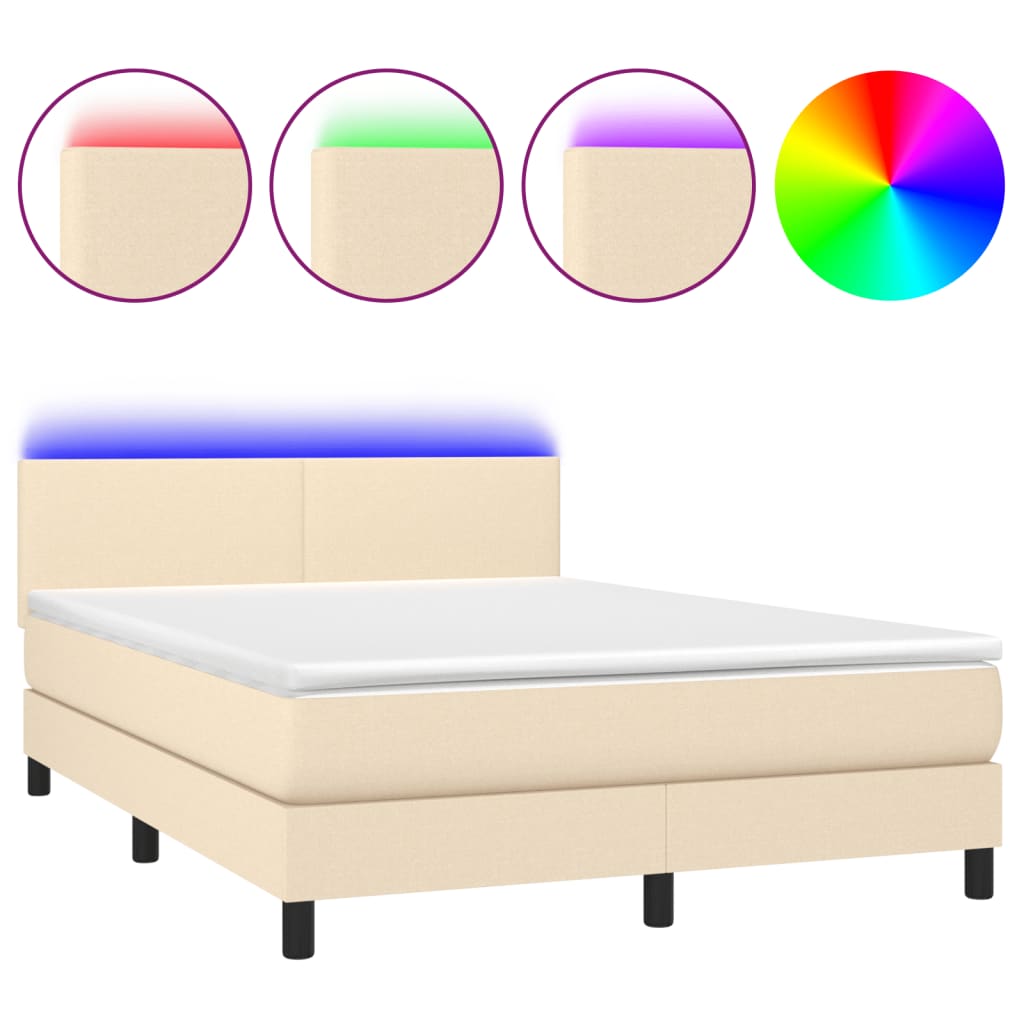 vidaXL Κρεβάτι Boxspring με Στρώμα & LED Κρεμ 140x190 εκ. Υφασμάτινο