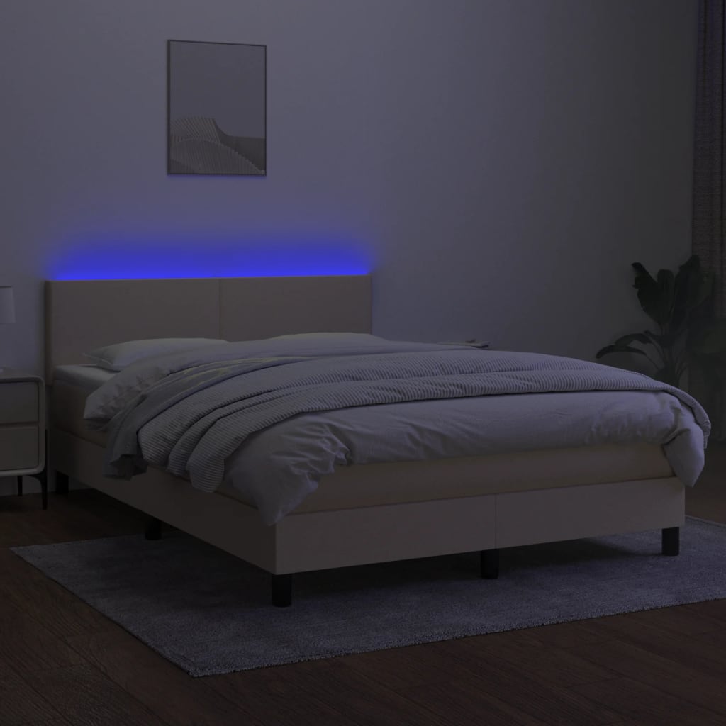 vidaXL Κρεβάτι Boxspring με Στρώμα & LED Κρεμ 140x190 εκ. Υφασμάτινο