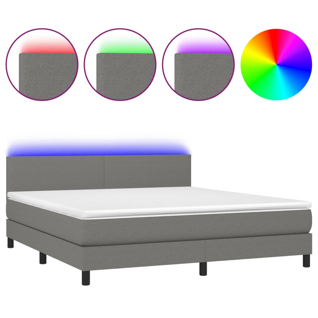 vidaXL Κρεβάτι Boxspring με Στρώμα & LED Σκ.Γκρι 180x200 εκ Υφασμάτινο