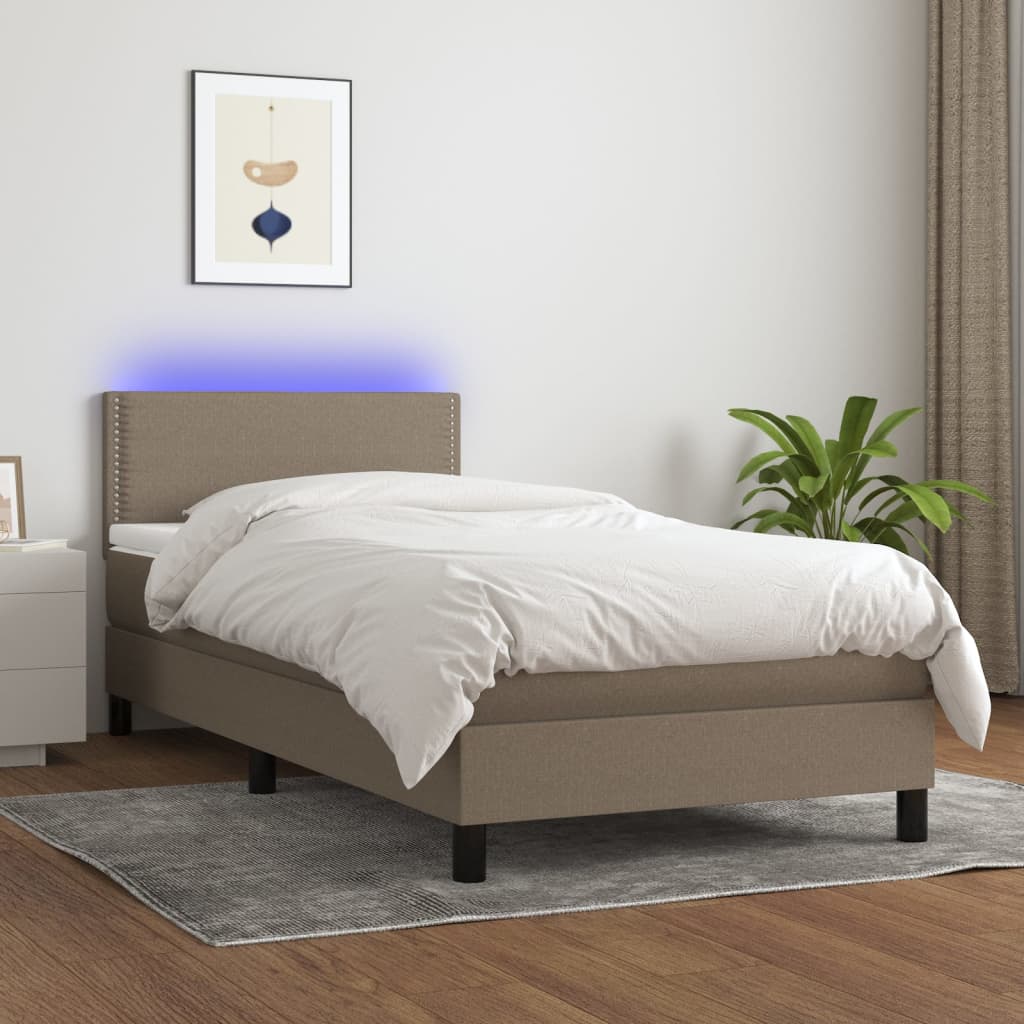 vidaXL Κρεβάτι Boxspring με Στρώμα & LED Taupe 90x200 εκ. Υφασμάτινο