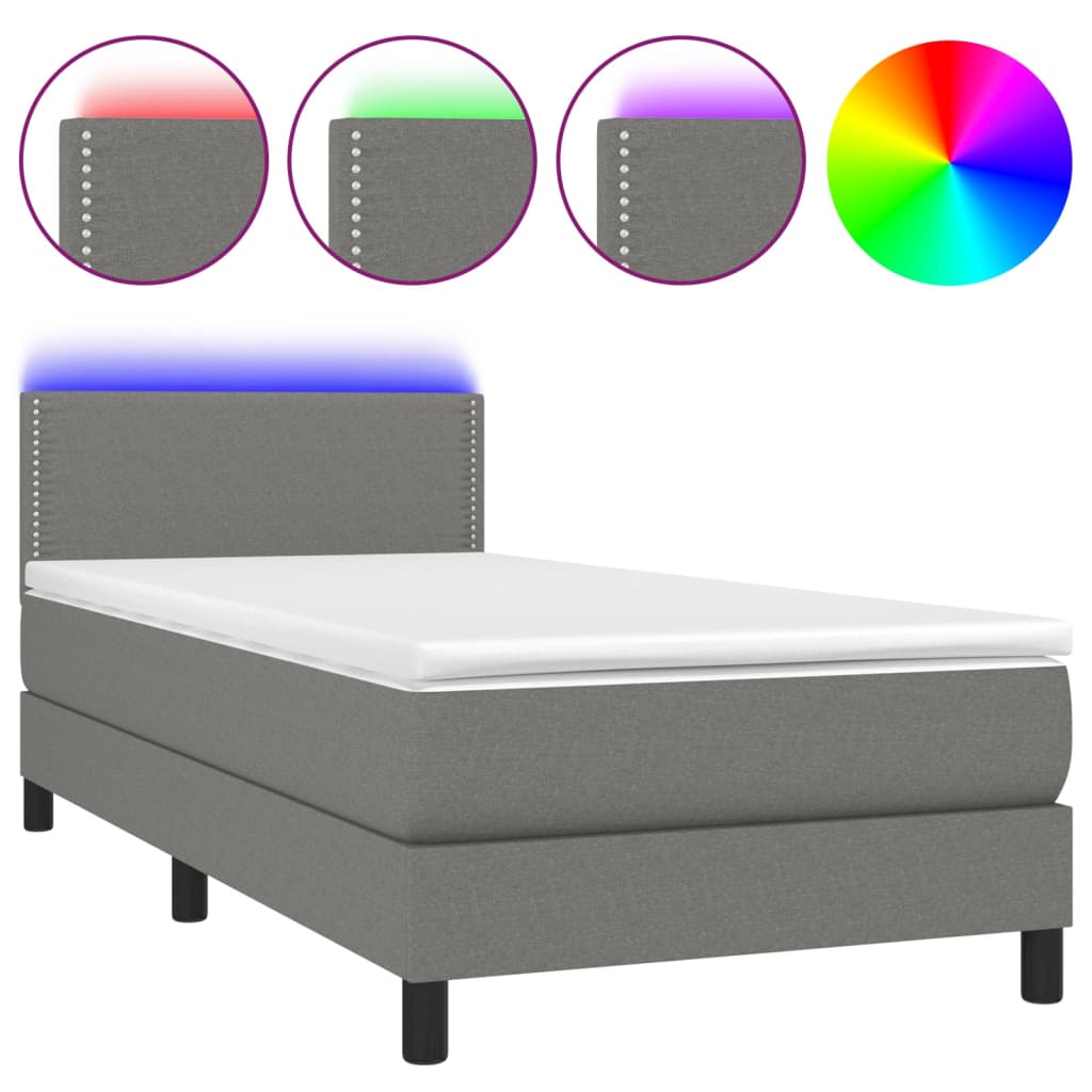 vidaXL Κρεβάτι Boxspring με Στρώμα & LED Σκ.Γκρι 100x200 εκ Υφασμάτινο