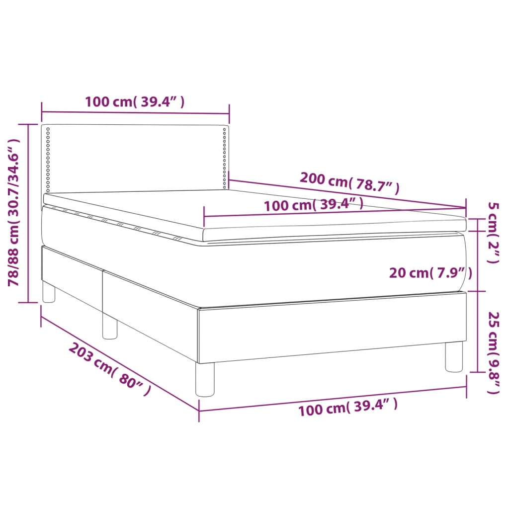 vidaXL Κρεβάτι Boxspring με Στρώμα & LED Σκ.Γκρι 100x200 εκ Υφασμάτινο