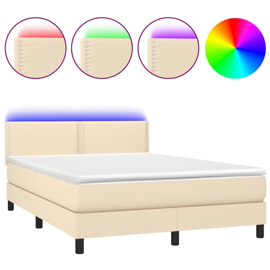 vidaXL Κρεβάτι Boxspring με Στρώμα & LED Κρεμ 140x200 εκ. Υφασμάτινο