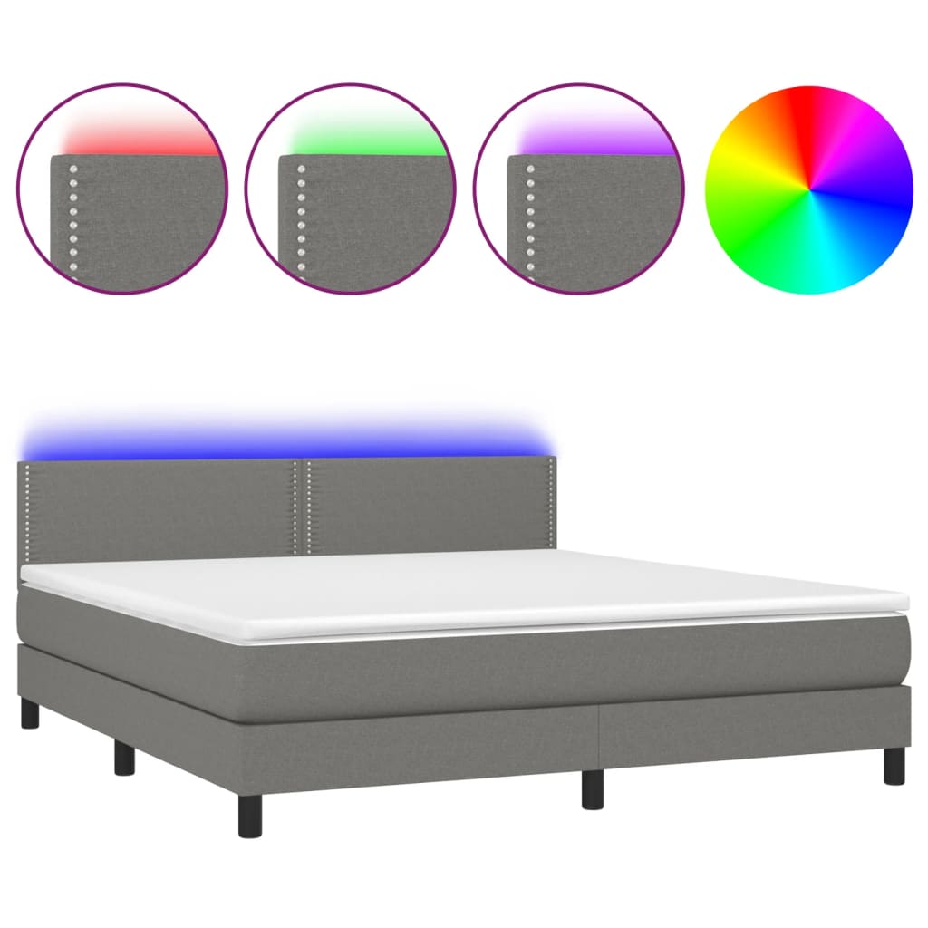 vidaXL Κρεβάτι Boxspring με Στρώμα & LED Σκ.Γκρι 180x200 εκ Υφασμάτινο