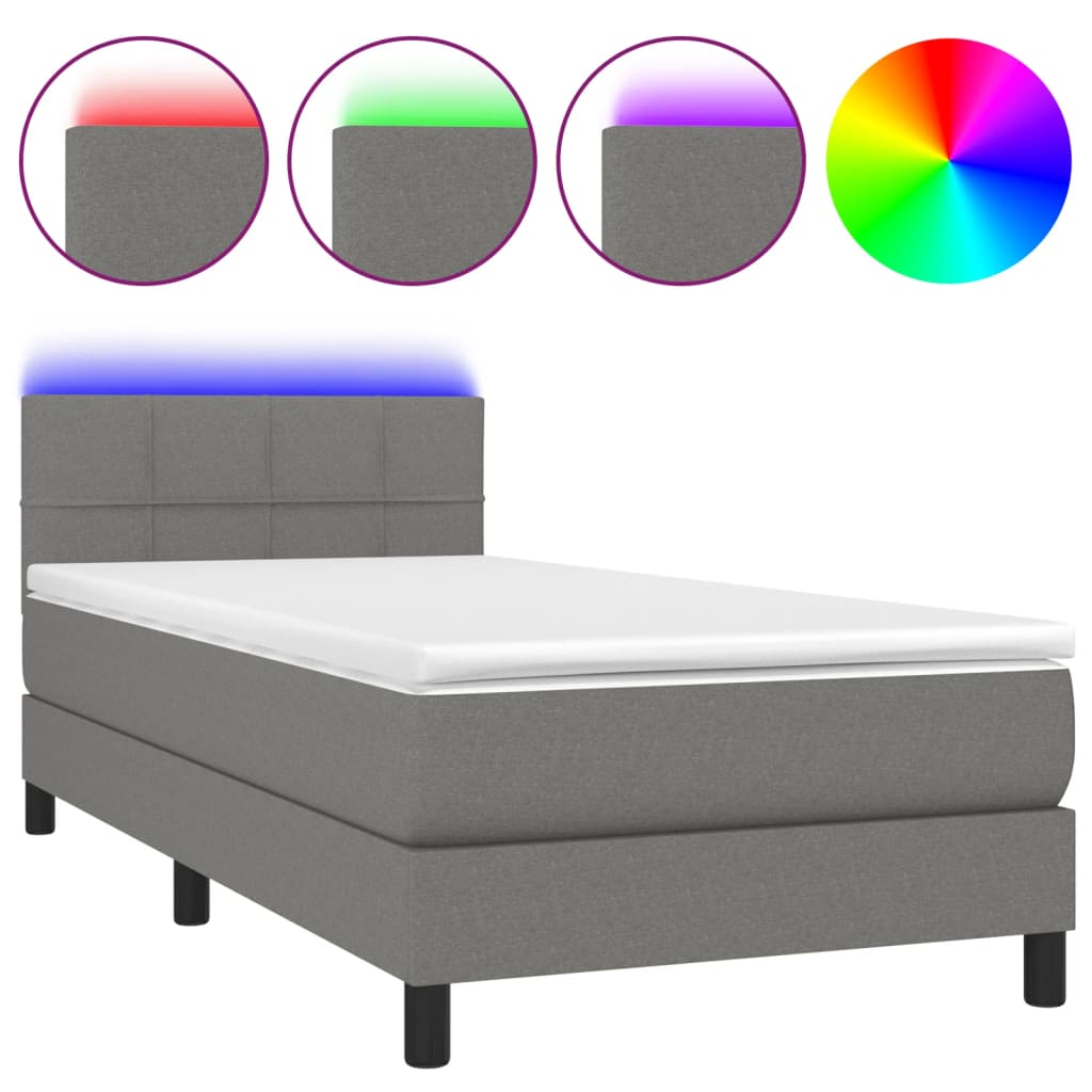 vidaXL Κρεβάτι Boxspring με Στρώμα & LED Σκ.Γκρι 90x190 εκ. Υφασμάτινο
