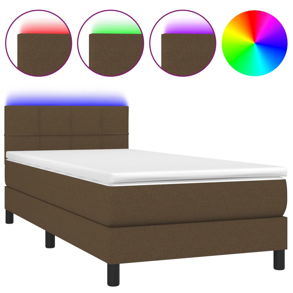 vidaXL Κρεβάτι Boxspring με Στρώμα & LED Σκ.Καφέ 90x200 εκ. Υφασμάτινο