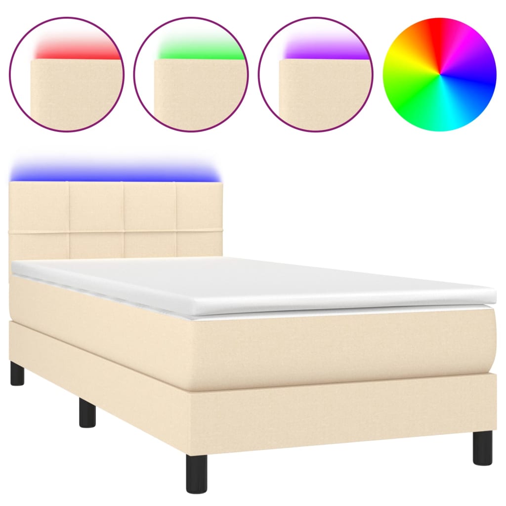 vidaXL Κρεβάτι Boxspring με Στρώμα & LED Κρεμ 90x200 εκ. Υφασμάτινο