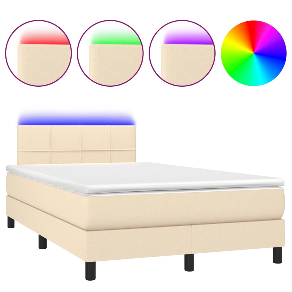 vidaXL Κρεβάτι Boxspring με Στρώμα & LED Κρεμ 120x200 εκ. Υφασμάτινο