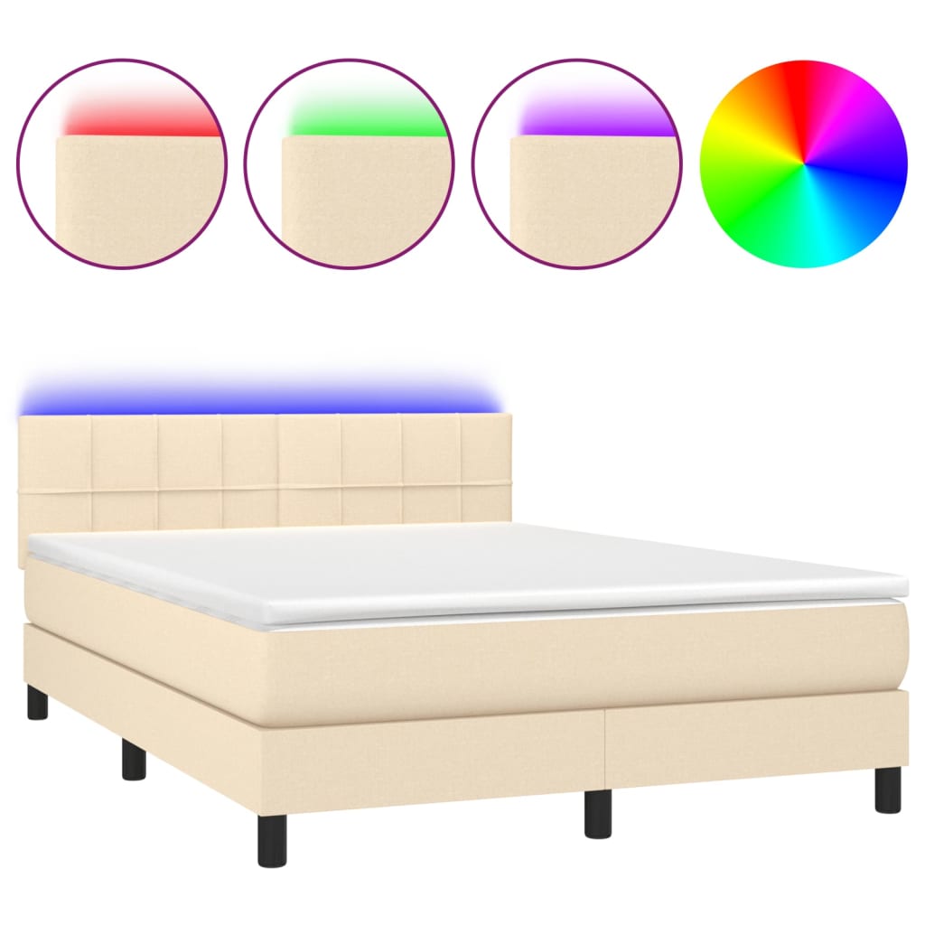 vidaXL Κρεβάτι Boxspring με Στρώμα & LED Κρεμ 140x200 εκ. Υφασμάτινο