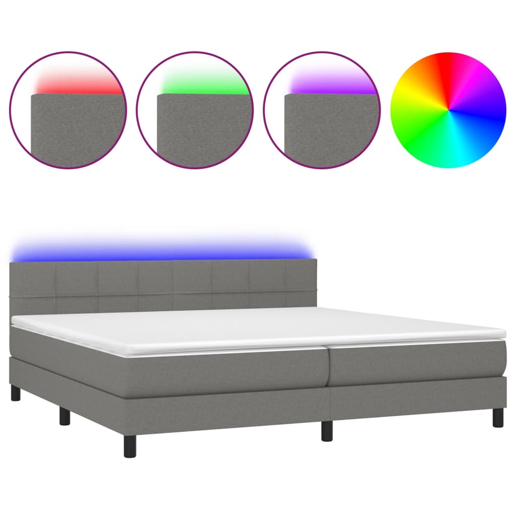 vidaXL Κρεβάτι Boxspring με Στρώμα & LED Σκ.Γκρι 200x200εκ. Υφασμάτινο