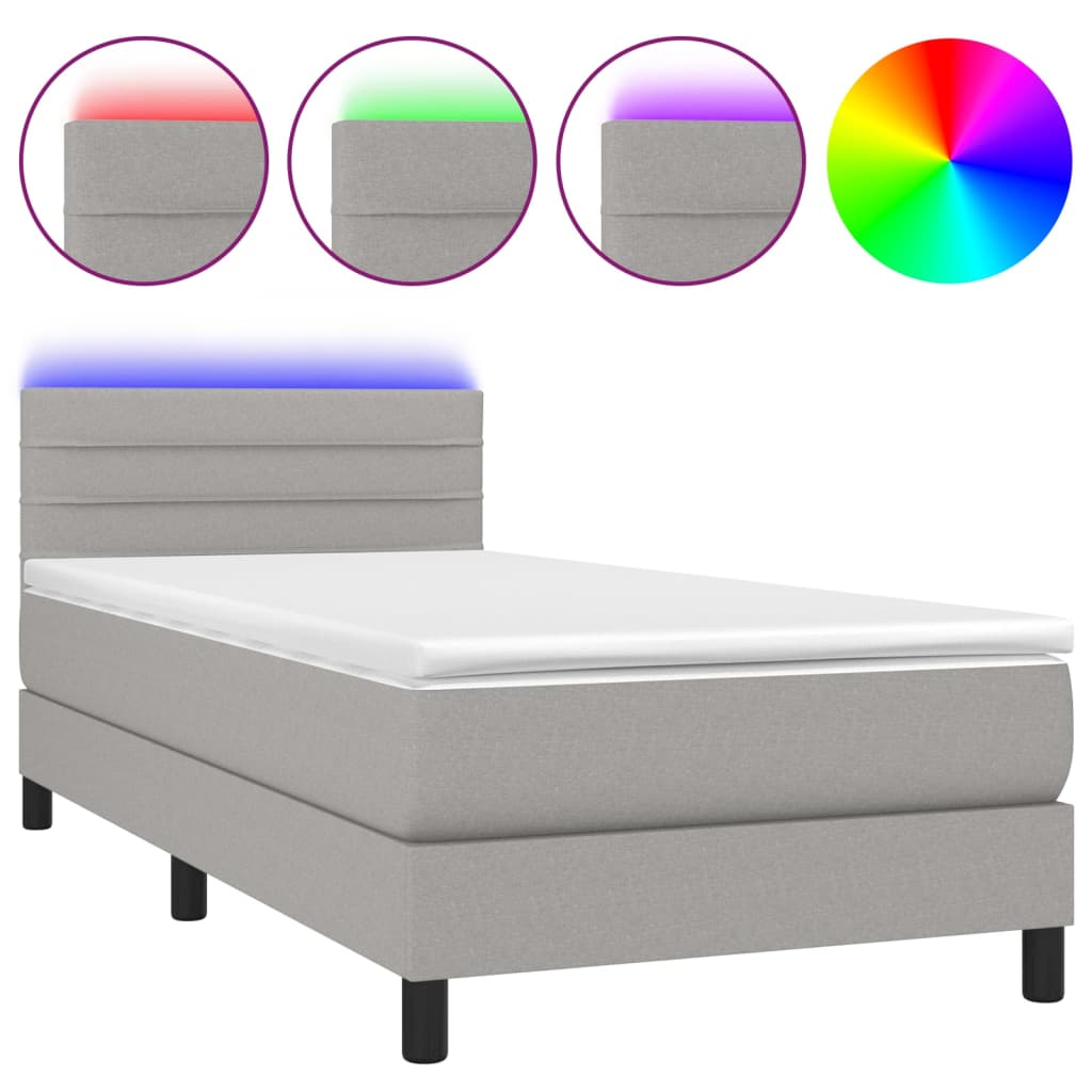 vidaXL Κρεβάτι Boxspring με Στρώμα & LED Αν.Γκρι 90x190 εκ. Υφασμάτινο