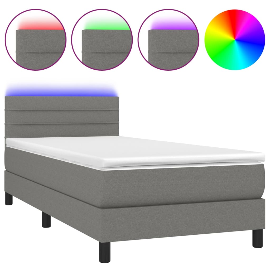 vidaXL Κρεβάτι Boxspring με Στρώμα & LED Σκ.Γκρι 90x190 εκ. Υφασμάτινο