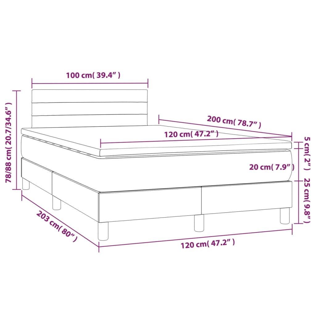 vidaXL Κρεβάτι Boxspring με Στρώμα & LED Σκ.Γκρι 120x200 εκ Υφασμάτινο