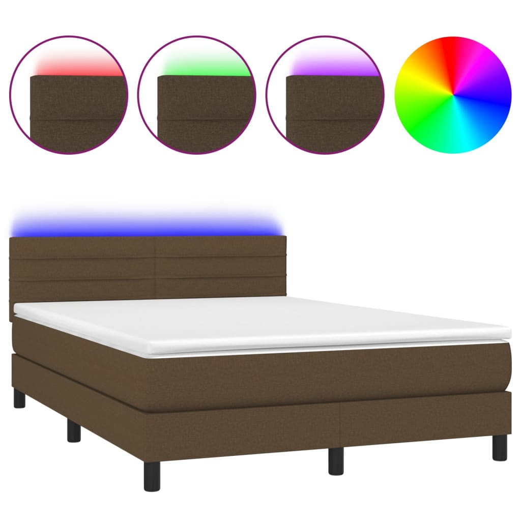 vidaXL Κρεβάτι Boxspring με Στρώμα & LED Σκ.Καφέ 140x190 εκ Υφασμάτινο