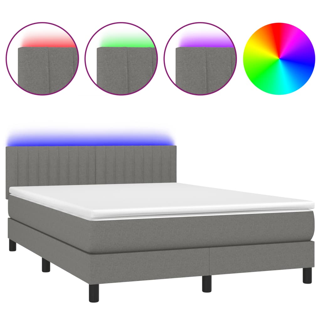 vidaXL Κρεβάτι Boxspring με Στρώμα & LED Σκ.Γκρι 140x200 εκ Υφασμάτινο