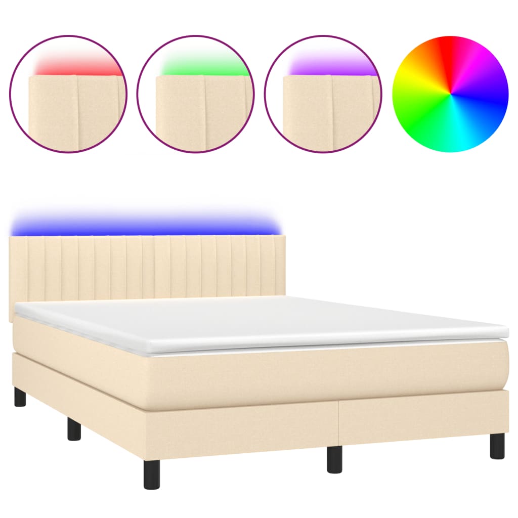vidaXL Κρεβάτι Boxspring με Στρώμα & LED Κρεμ 140x200 εκ. Υφασμάτινο