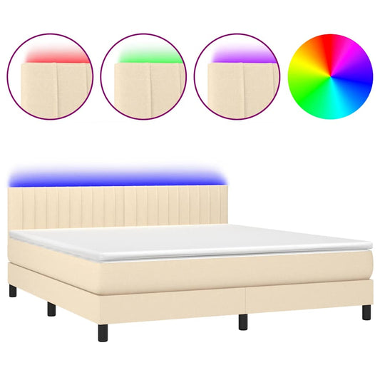 vidaXL Κρεβάτι Boxspring με Στρώμα & LED Κρεμ 180x200 εκ. Υφασμάτινο