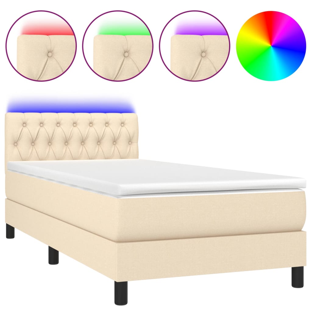 vidaXL Κρεβάτι Boxspring με Στρώμα & LED Κρεμ 90x190 εκ. Υφασμάτινο