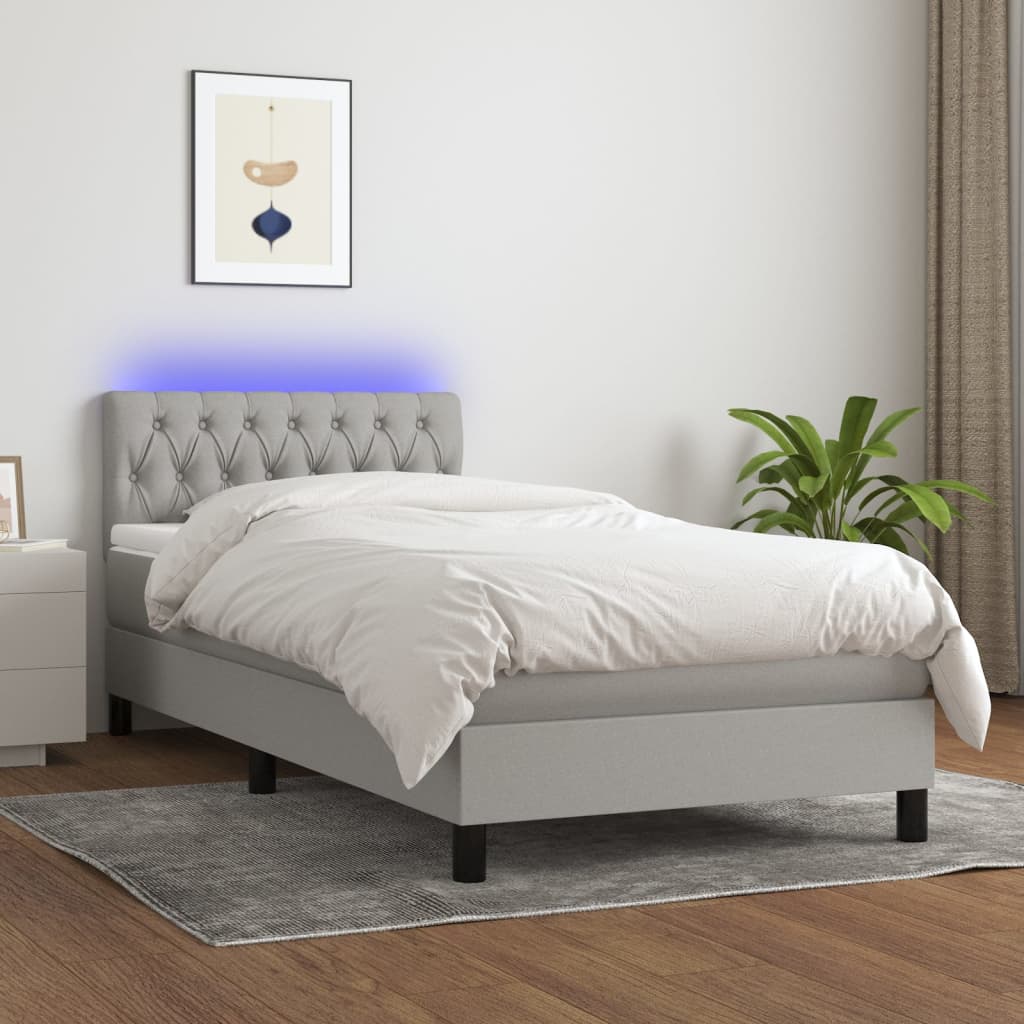 vidaXL Κρεβάτι Boxspring με Στρώμα & LED Αν.Γκρι 90x200 εκ. Υφασμάτινο