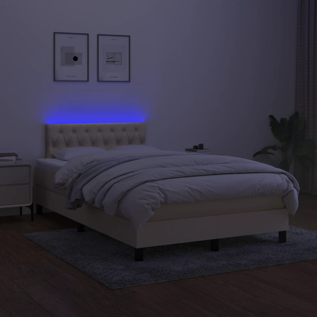 vidaXL Κρεβάτι Boxspring με Στρώμα & LED Κρεμ 120x200 εκ. Υφασμάτινο