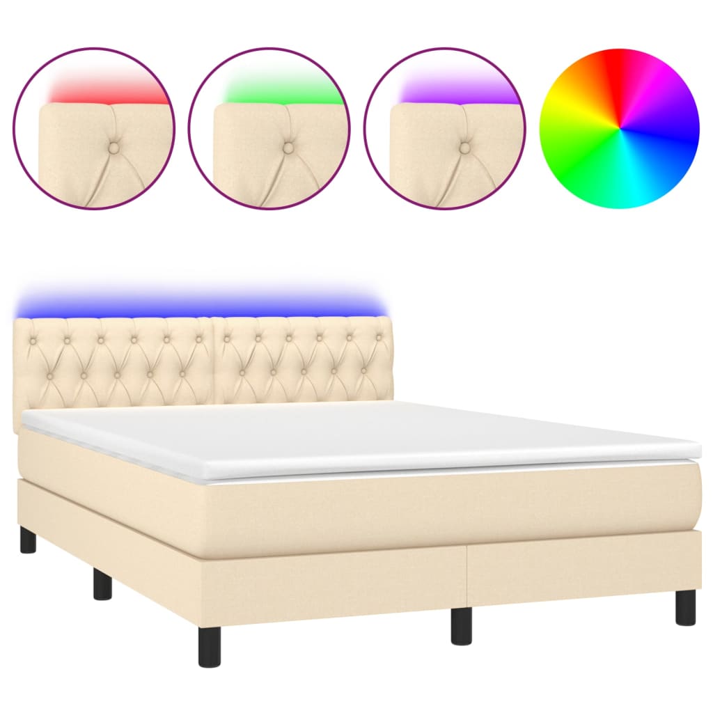 vidaXL Κρεβάτι Boxspring με Στρώμα & LED Κρεμ 140x200 εκ. Υφασμάτινο